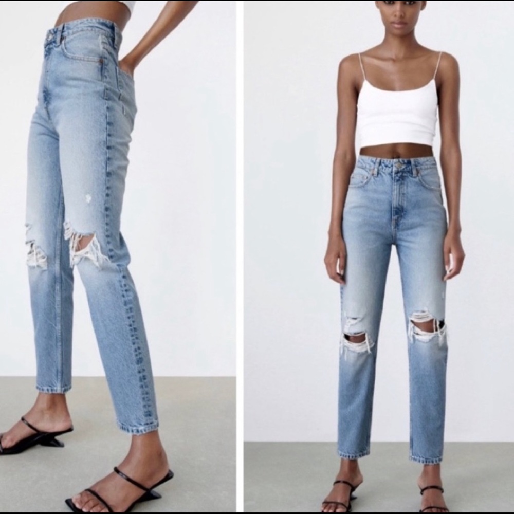 Zara High Rise Straight Leg Distressed Light Wash Jeans Size 10
